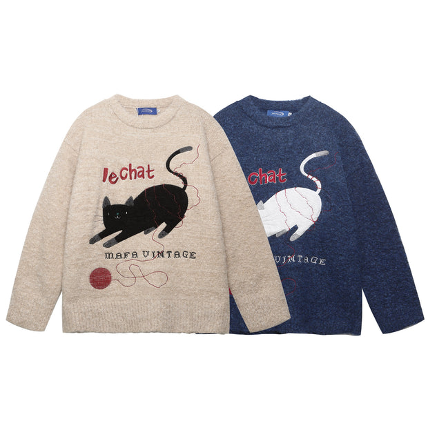 Retro Fun Cute Cat Jacquard Knit Sweater for Men and Women Loose Lazy Couple Top