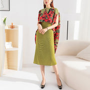Pleated fashionable suit with slim dress + printed shawl jacket two-piece set