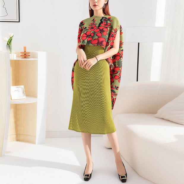 Pleated fashionable suit with slim dress + printed shawl jacket two-piece set