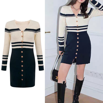 Women Black And White Single Breasted V-Neck Knitting Mini Dress Slimy Bodycon Party Night Sweater Dresses