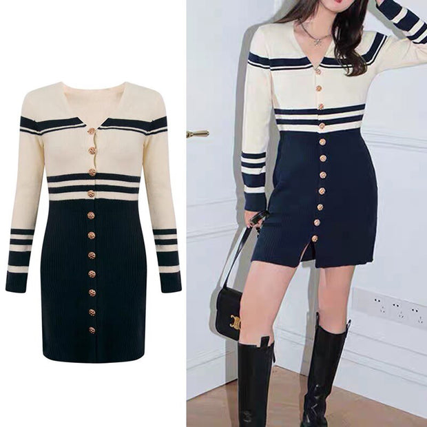 Women Black And White Single Breasted V-Neck Knitting Mini Dress Slimy Bodycon Party Night Sweater Dresses