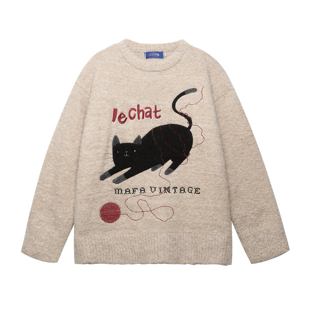 Retro Fun Cute Cat Jacquard Knit Sweater for Men and Women Loose Lazy Couple Top