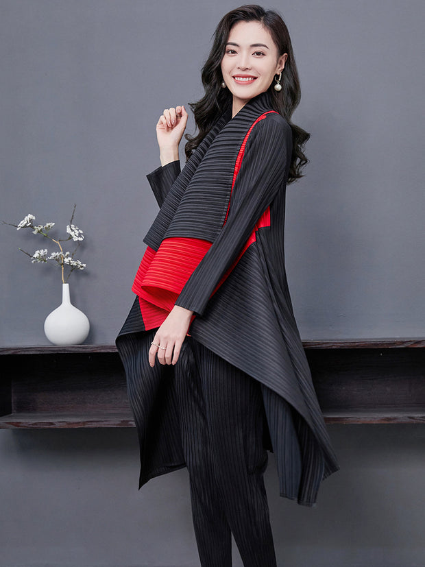 Autumn / Winter Cardigan Pleated Women Models Spell Color Double-layer Collar Long-sleeved Jacket