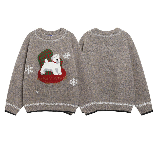 Retro Fun Dog Jacquard Knit Sweater for Men and Women Loose Lazy Couple Pullover Trendy