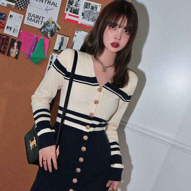 Women Black And White Single Breasted V-Neck Knitting Mini Dress Slimy Bodycon Party Night Sweater Dresses