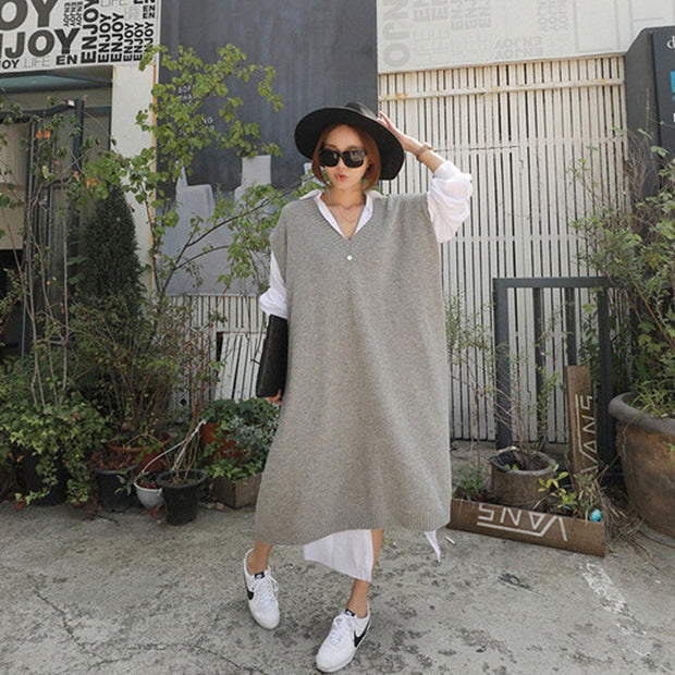 Long vest jacket over knee dress