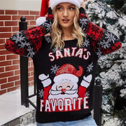 Christmas pullover sweater with Santa Claus embroidery round neck knit sweater for women