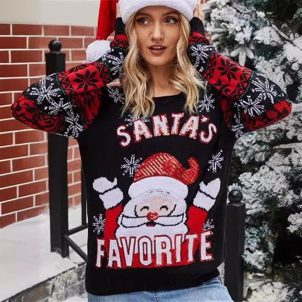 Christmas pullover sweater with Santa Claus embroidery round neck knit sweater for women