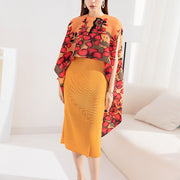 Pleated fashionable suit with slim dress + printed shawl jacket two-piece set