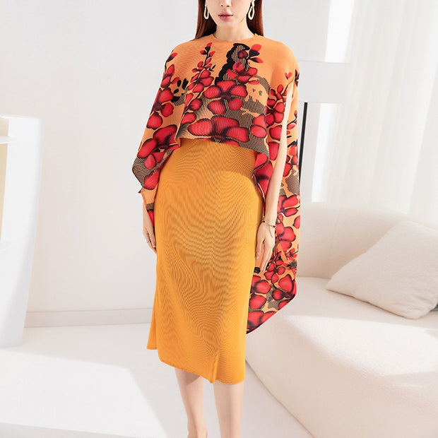Pleated fashionable suit with slim dress + printed shawl jacket two-piece set