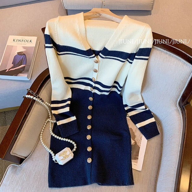 Women Black And White Single Breasted V-Neck Knitting Mini Dress Slimy Bodycon Party Night Sweater Dresses