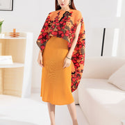 Pleated fashionable suit with slim dress + printed shawl jacket two-piece set