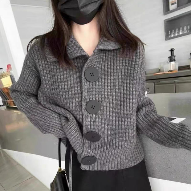 Polo Collar Knitted Cardigan Women's Style High-Grade Casual Short Sweater Jacket