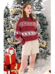 Knitted sweater women's jacquard loose knitted long sleeved top