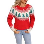 Jacquard women's Christmas tree pullover knitted Christmas sweater casual loose long sleeved top