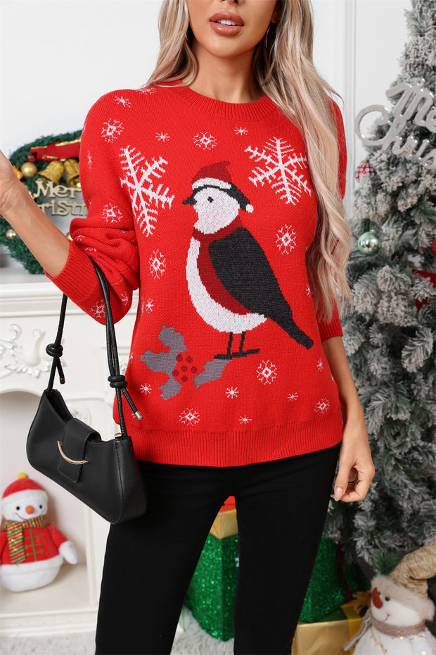 Christmas snowflake sparrow sweater red pullover knitted sweater