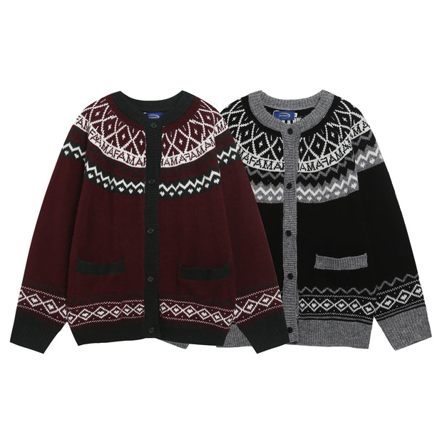 Retro Jacquard Crew Neck Cardigan Sweater Unisex Loose Fit Lazy Style Knitwear Jacket