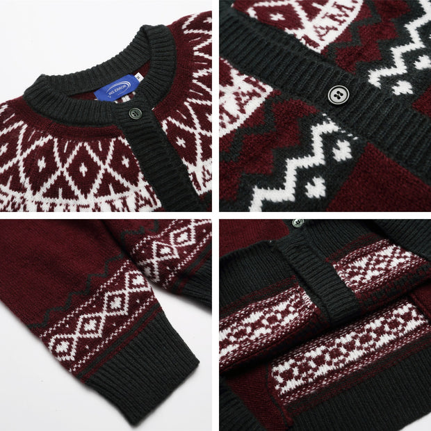 Retro Jacquard Crew Neck Cardigan Sweater Unisex Loose Fit Lazy Style Knitwear Jacket