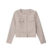 Round neck long sleeved pocket baseball jacket for women