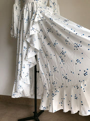 Holiday Floral Printed Ruffles Lantern Sleeve Maxi Dresses For Women Party Night Beach V-Neck Sashes Dress