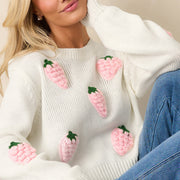 Strawberry Pattern Crew Neck Women's Sweater Elegant Long Sleeve Knitwear