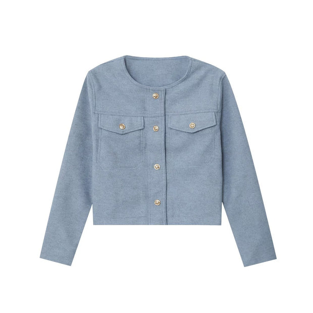Round neck long sleeved pocket baseball jacket for women