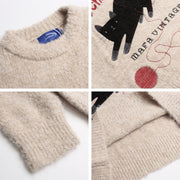 Retro Fun Cute Cat Jacquard Knit Sweater for Men and Women Loose Lazy Couple Top