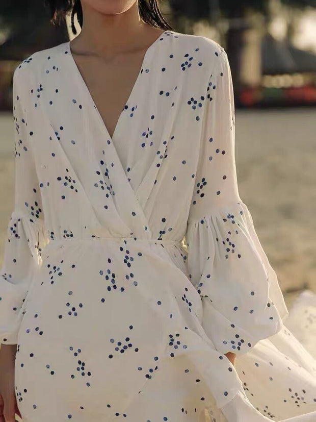 Holiday Floral Printed Ruffles Lantern Sleeve Maxi Dresses For Women Party Night Beach V-Neck Sashes Dress