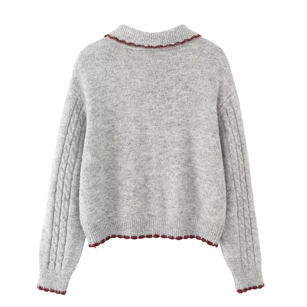 Color blocked border heart button cardigan knit sweater