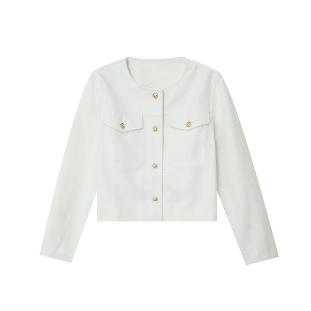 Round neck long sleeved pocket baseball jacket for women