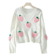 Strawberry Pattern Crew Neck Women's Sweater Elegant Long Sleeve Knitwear
