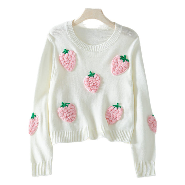 Strawberry Pattern Crew Neck Women's Sweater Elegant Long Sleeve Knitwear