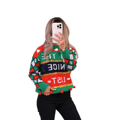 Color blocked printed knitted pullover sweater with round neck and casual loose fit for women's clothing