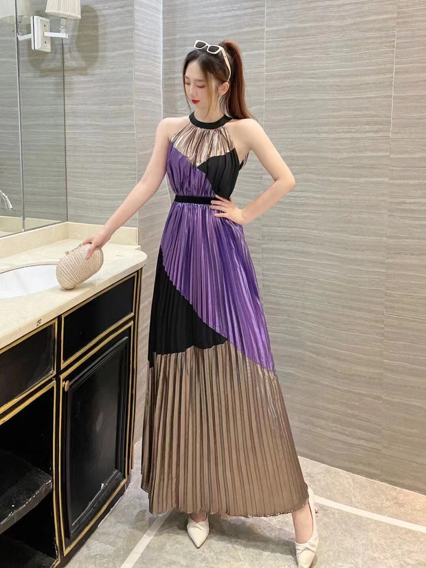 Fashion Women Pleated Long Dress Halter Stipend Sleeveless Party Night Birthday Stylish Dresses