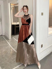 Fashion Women Pleated Long Dress Halter Stipend Sleeveless Party Night Birthday Stylish Dresses