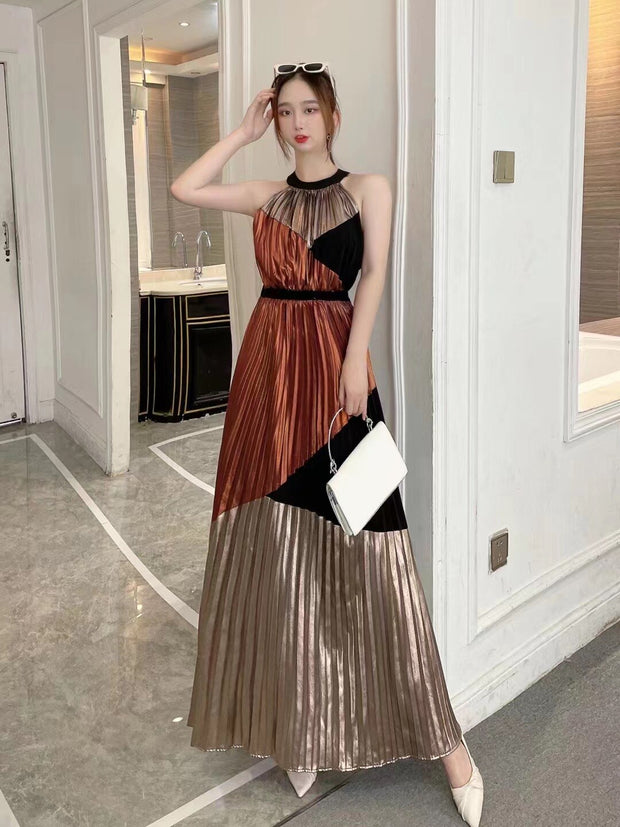 Fashion Women Pleated Long Dress Halter Stipend Sleeveless Party Night Birthday Stylish Dresses
