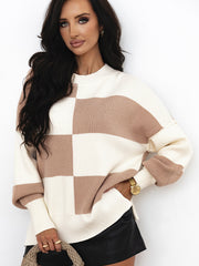 Autumn and Winter Loose Drop Shoulder Knit Sweater Women's Fashion Checkerboard Color Block Round Neck Sweater