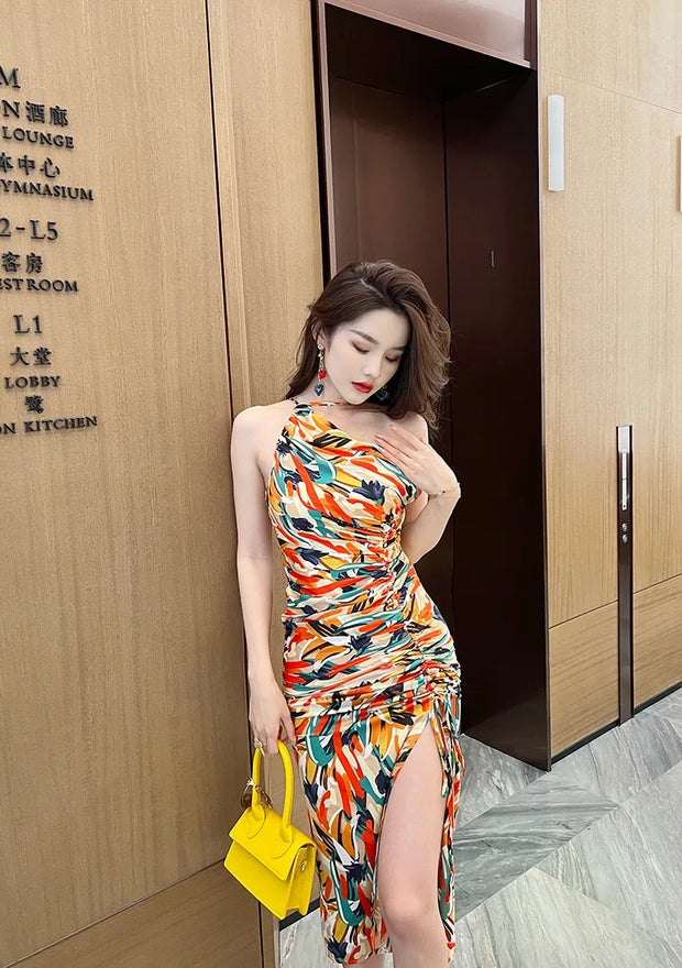 dress women party dress summer sexy aesthetic floral print slim sheath midi dresses elegant celebrity night club