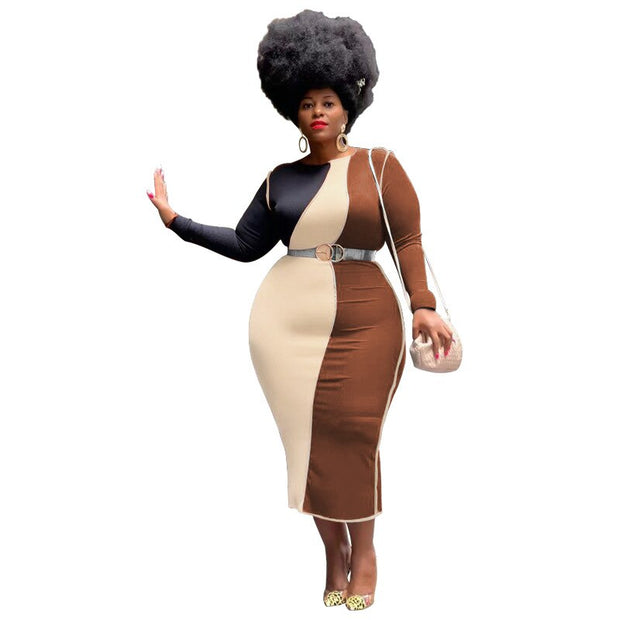 Women's Spring New Large Size Dresses Splicing Contrast Color Fashion Tight Skirts Casual Party Commuting Dresses