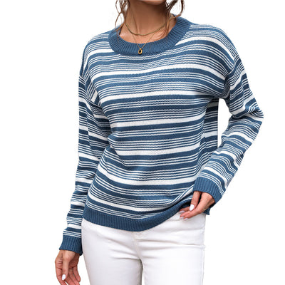 Long sleeved round neck striped sweater for women