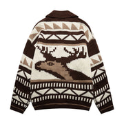 Retro Elk Jacquard Small Lapel Knit Cardigan Loose Lazy Couple Sweater