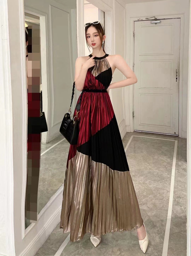 Fashion Women Pleated Long Dress Halter Stipend Sleeveless Party Night Birthday Stylish Dresses