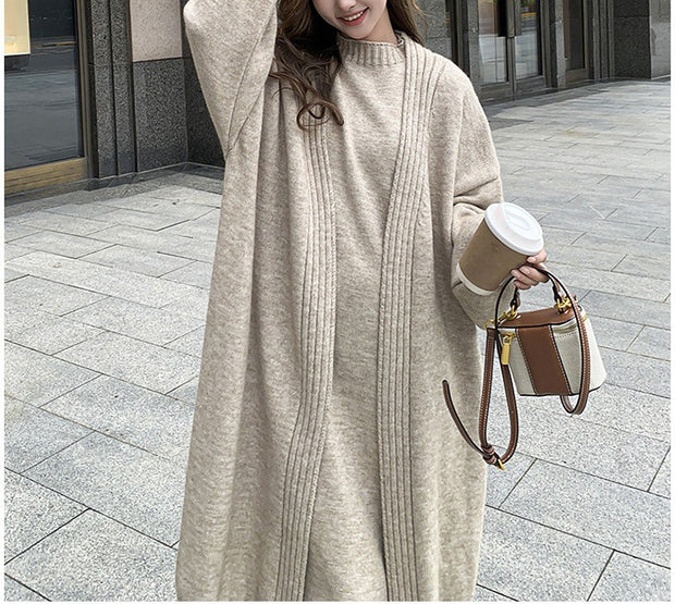 Lazy style long vest dress knitted cardigan set autumn and winter thick temperament versatile sweater jacket