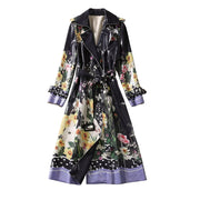 Black Long Trench Coat Spring Autumn New Fashion Design Women Sicily Vintage Flowers Print Elegant Jacket Belt