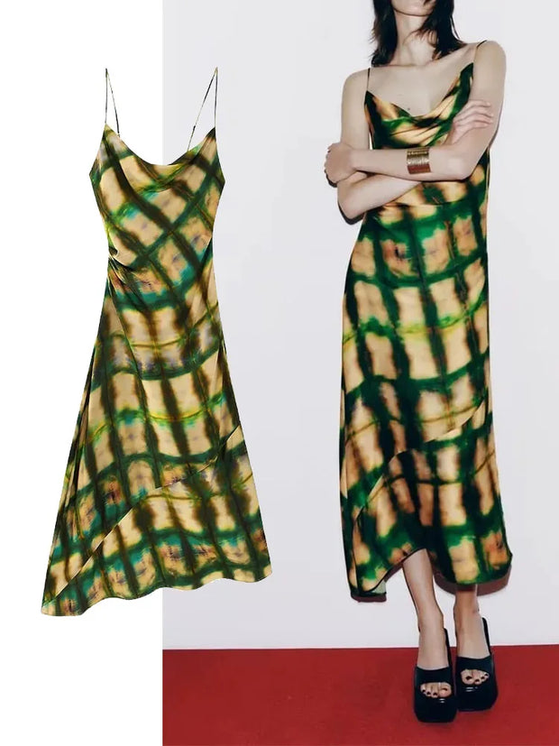 Women Printed Midi Dress Fashion Spaghetti Straps Female Party Evening Dresses Sling Dress Elegant Slim Dresses
