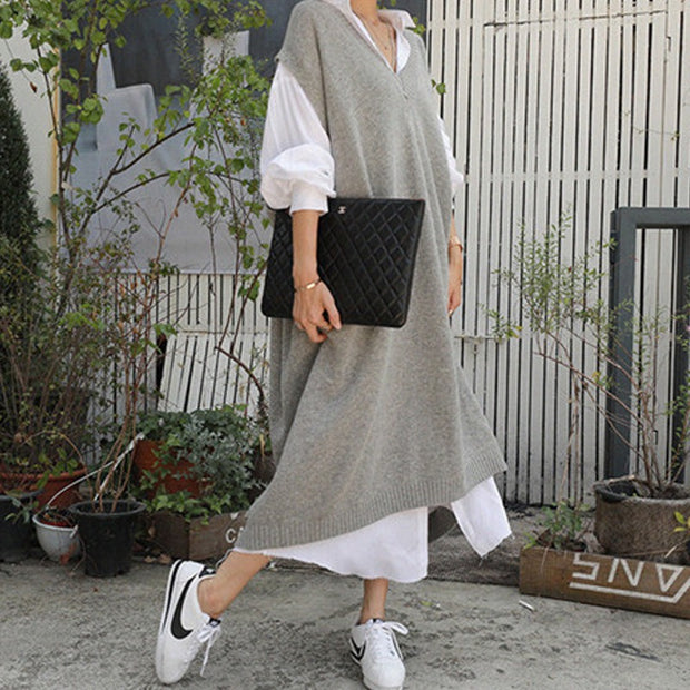 Long vest jacket over knee dress