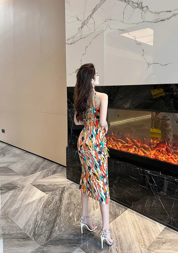 dress women party dress summer sexy aesthetic floral print slim sheath midi dresses elegant celebrity night club