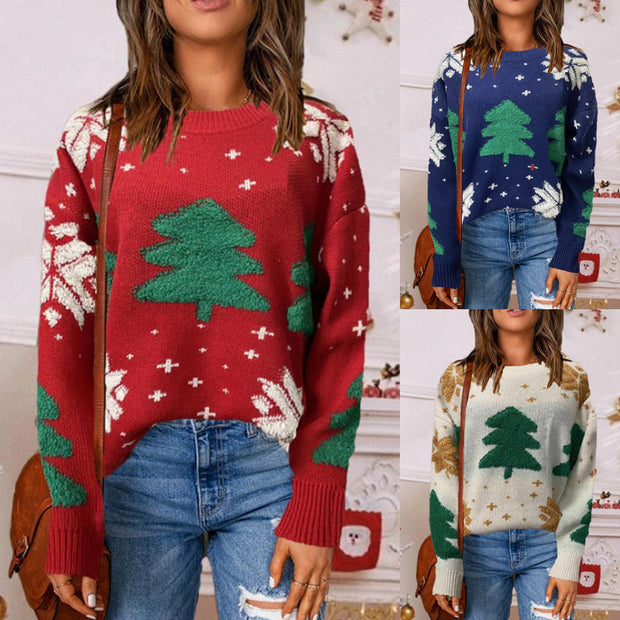 Jacquard cartoon snowflake loose knit sweater