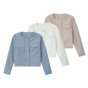 Round neck long sleeved pocket baseball jacket for women