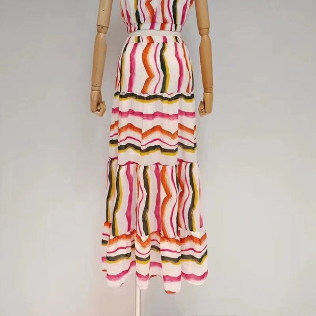 Rainbow Striped Summer Dress High Waist Casual Sleeveless Vintage Elegant A-Line O-Neck Party Night Maxi Dresses Robe Femme